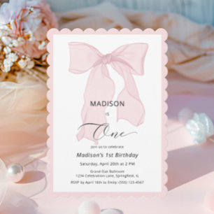 Invitation Fille au nœud rose Premier Anniversaire 