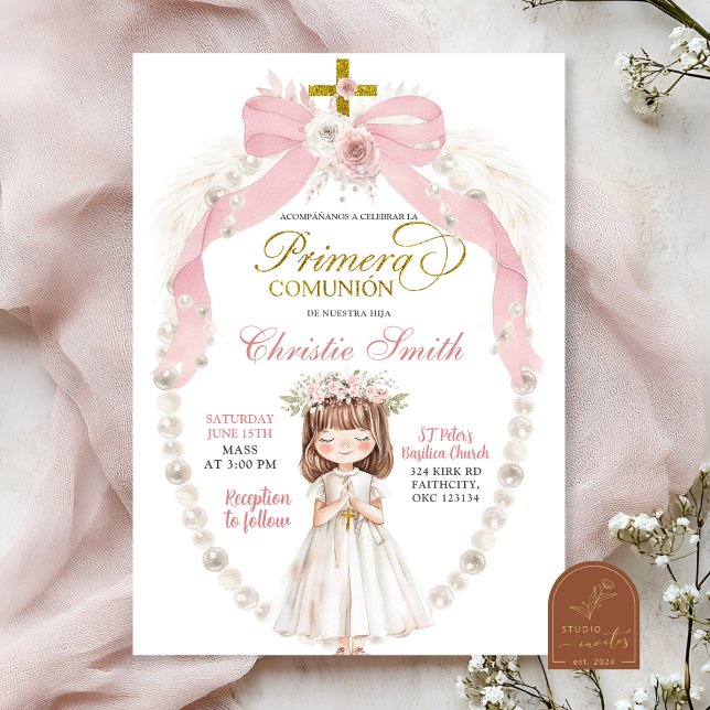 Invitation Fille au nœud rose priant Première Communion espag (Créateur téléchargé)