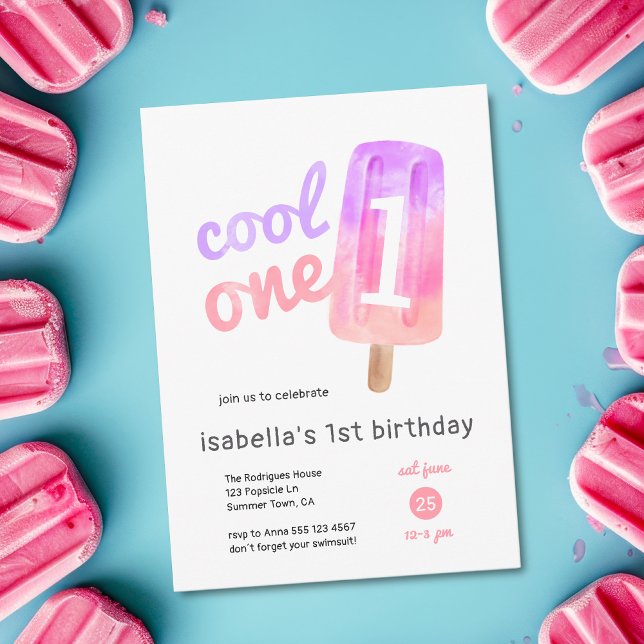 Invitation Fille au Popsicle Cool pour son 1er Anniversaire ( Invite shown in 5 x 7 inches, choose size, paper + corner style. Get prints or digital invitations.)