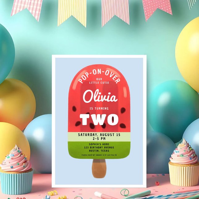 Invitation Fille au Popsicle de Melon Mignon 2ème Anniversair (Cute Melon Popsicle Girl 2nd Birthday Invitation)