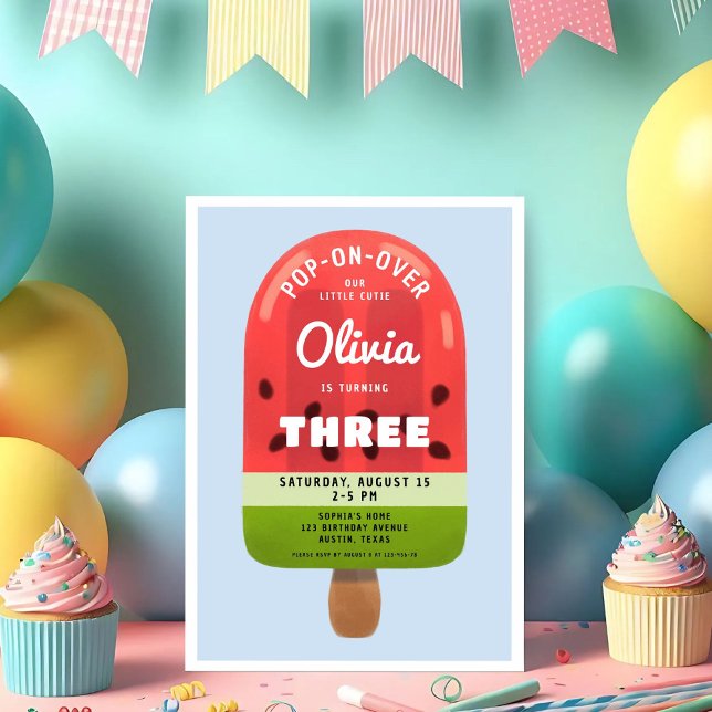 Invitation Fille au Popsicle de Melon Mignon pour son 3ème An (Cute Melon Popsicle Girl 3rd Birthday Invitation)