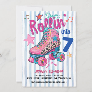 Invitation Fille au roller rétro 7ème anniversaire Allons rou