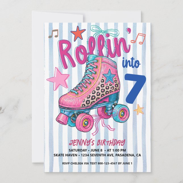 Invitation Fille au roller rétro 7ème anniversaire Allons rou (Devant)
