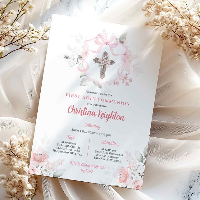 Invitation Fille au ruban rose pour première communion (Créateur téléchargé)
