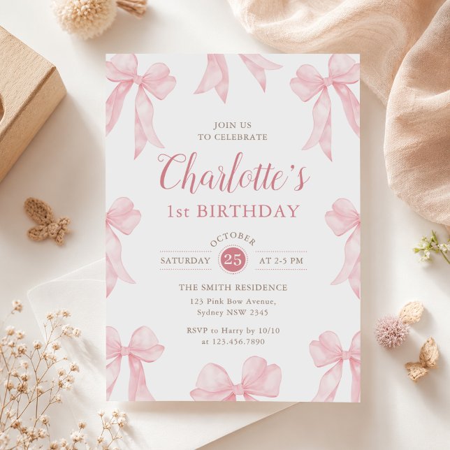 Invitation Fille au ruban rose pour son 1er anniversaire (Créateur téléchargé)