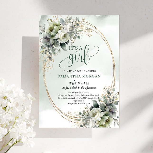 Invitation Fille au Vert de Aquarelle et Or (Watercolor Greenery Gold It’s A Girl Invitation)