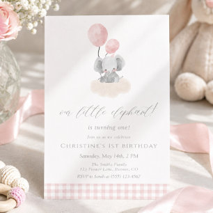 Invitation Fille au vichy rose Eléphant 1er Anniversaire