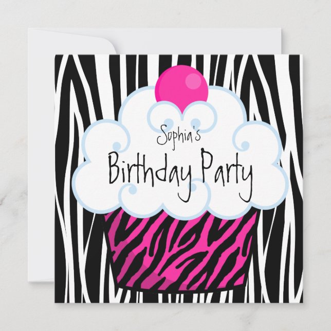 Invitation Fille au Zèbre Rose Chaud Cupcake Fête d'Anniversa (Devant)