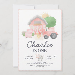 Invitation Fille aux Animaux de Ferme Roses 1er Anniversaire