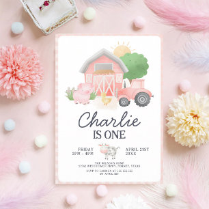 Invitation Fille aux Animaux de Ferme Roses 1er Anniversaire