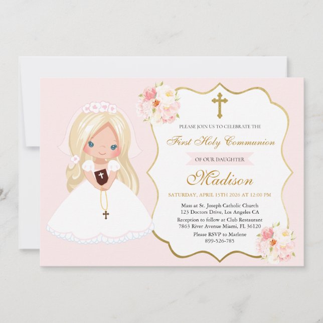 Invitation Fille aux cheveux blonds Première Communion Rose t (Devant)