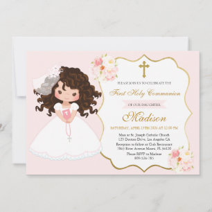 Invitation Fille aux cheveux bouclés Première communion Rose