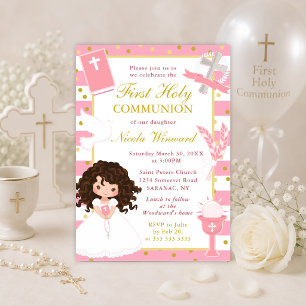 Invitation Fille aux cheveux bruns et rayures roses Première