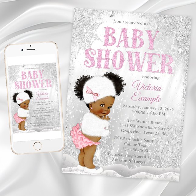 Invitation Fille aux cheveux crépus en afro Puff dans un mond (Pink afro puff baby girl with cute snow outfit on a pretty silver snow background.)