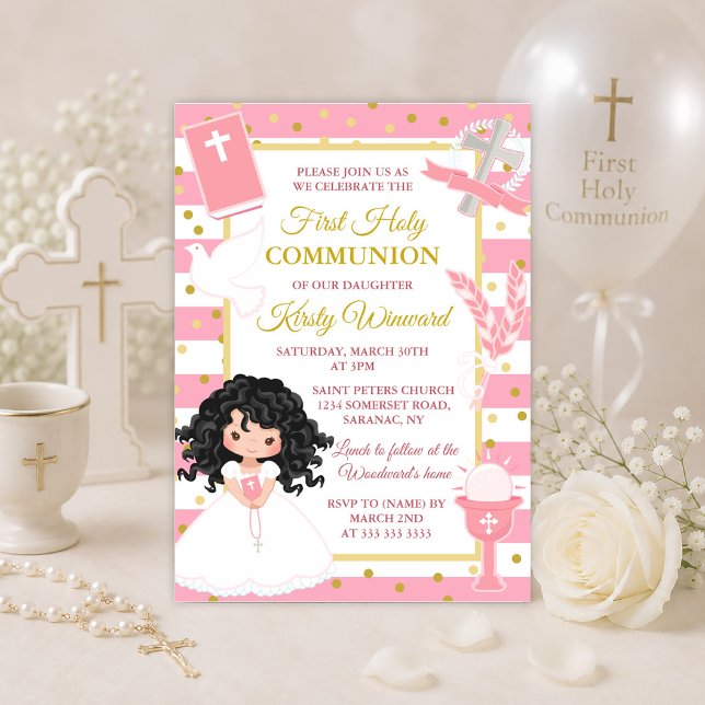 Invitation Fille aux cheveux noirs avec rayure rose pour la p (Créateur téléchargé)