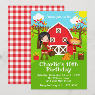 Invitation Fille aux cheveux noirs d'anniversaire de la ferme