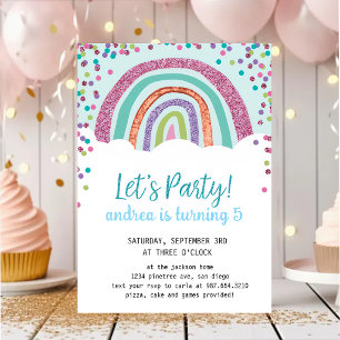Invitation Fille aux confettis arc-en-ciel Fête d'anniversair