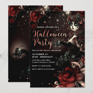 Invitation Fille aux crânes de la fête de l'Halloween rouge J