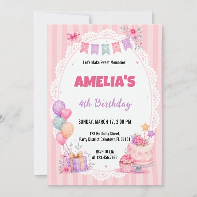 Invitation Fille aux fleurs à l'aquarelle rose pour gâteau d' (Devant)