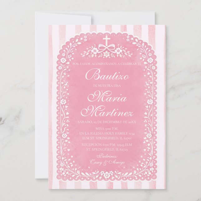 Invitation Fille aux rayures roses espagnol Bautizo Papel Pic (Devant)