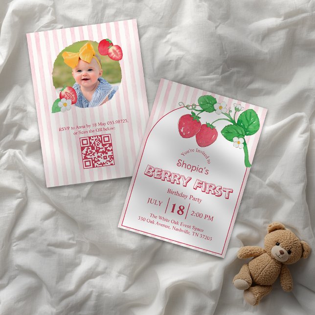 Invitation Fille aux rayures roses fraise Premier anniversair (Créateur téléchargé)