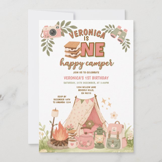 Invitation Fille aux s'mores roses Joyeux anniversaire Marshm (Devant)