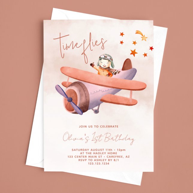 Invitation Fille avion Time Flies 1er anniversaire (Créateur téléchargé)