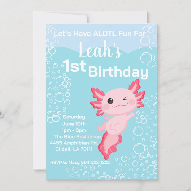 Invitation Fille Axolotl rose 1er anniversaire (Devant)