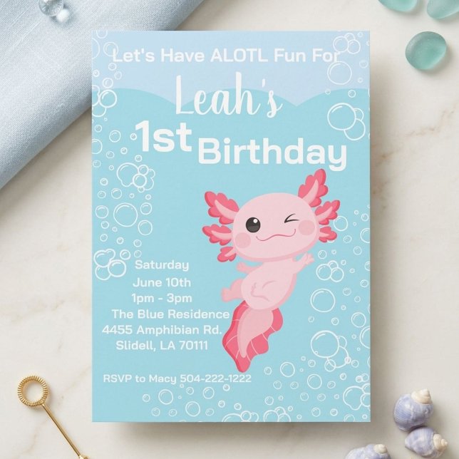 Invitation Fille Axolotl Rose 1ère Fête d'Anniversaire (Créateur téléchargé)