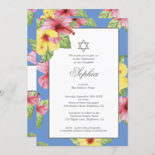 Invitation Fille Baby Naming Blue Hébreu Floral Blue