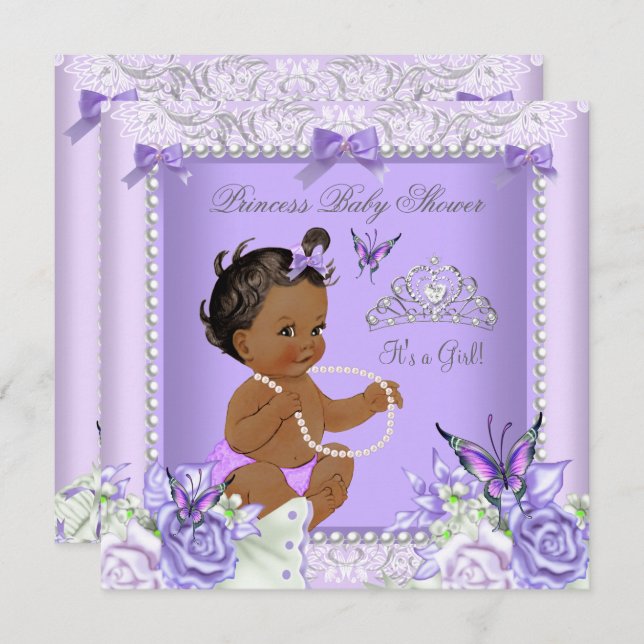 Invitation Fille Baby shower afro-américaine de lavande gris (Devant / Derrière)