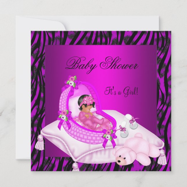 Invitation Fille Baby shower afro-américaine Hot Pink Zebra (Devant)