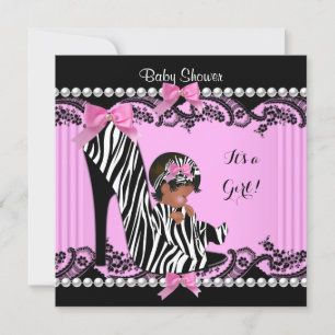 Invitation Fille Baby shower afro-américaine Hot rose Zebra 3