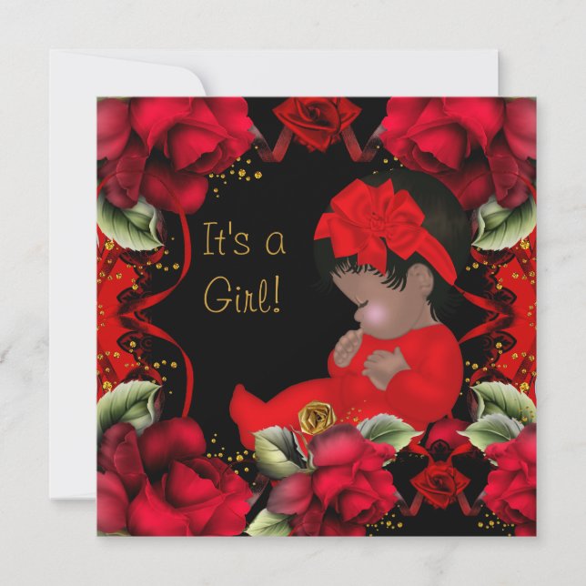 Invitation Fille Baby shower afro-américaine Rose rouge (Devant)
