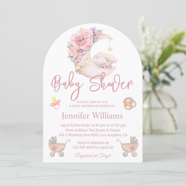 Invitation fille baby shower aquarelle florale lune rose (Debout devant)
