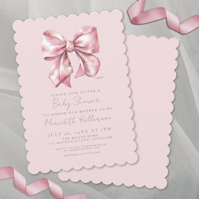 Invitation Fille Baby Shower Arc-en-ciel Aquarelle Rose (Watercolor Pink Bow Baby Shower Girl Invitation)
