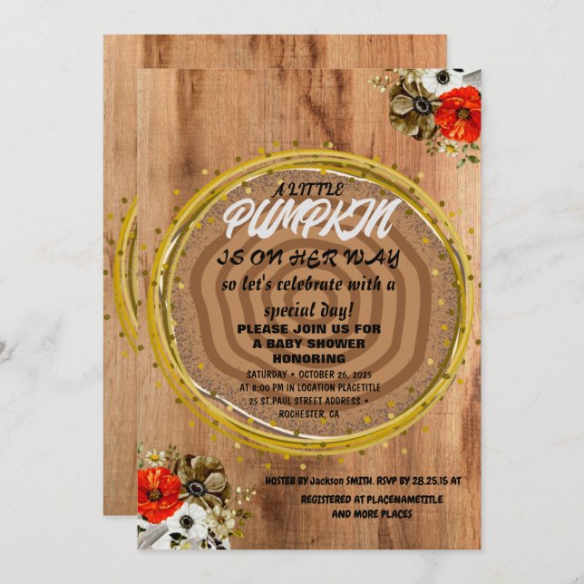 Invitation Fille Baby shower Automne Citrouille Rustique Burl (Devant / Derrière)