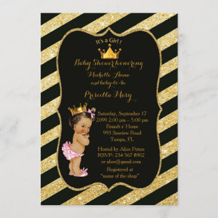 Invitation FILLE Baby shower, bandes dorées, or noir v2