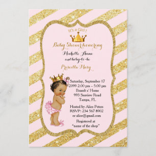 Invitation FILLE Baby shower, bandes dorées, or rose vif v2