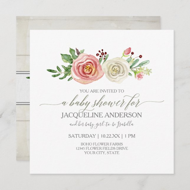 Invitation Fille Baby shower Blush en Roses blanches Bois rus (Devant / Derrière)