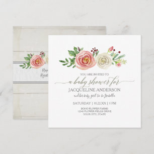 Invitation Fille Baby shower Blush en Roses blanches Bois rus