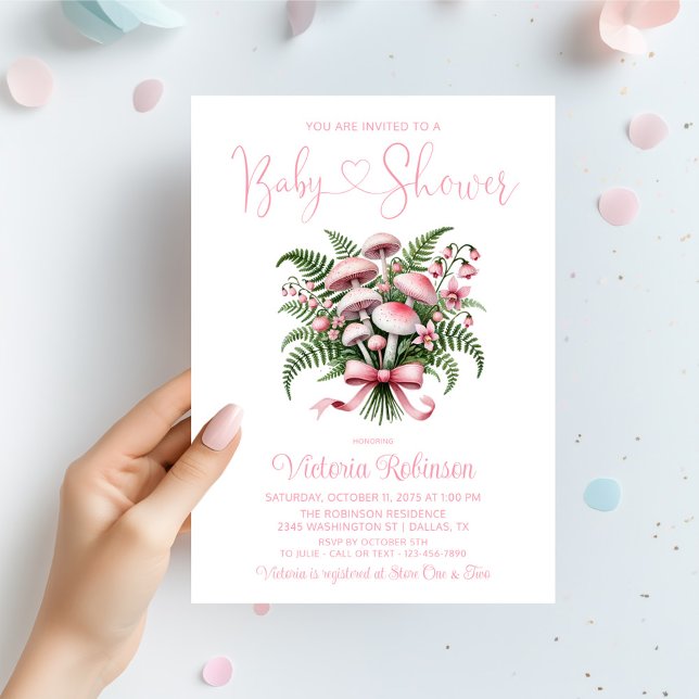 Invitation Fille Baby Shower Bouquet de Champignons Roses  (Pink mushroom bouquet baby shower invitation with mushrooms, flowers and ferns and pretty pink bow.)
