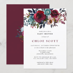 Invitation Fille Baby shower Bourgogne Rose Floral