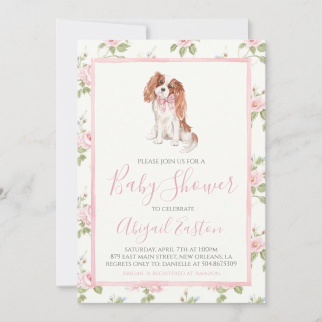 Invitation Fille Baby shower Cavalier Chien chiot (Devant)