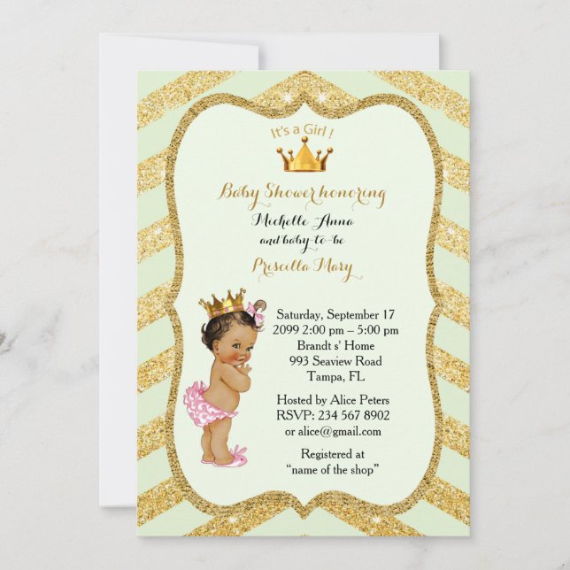 Invitation FILLE Baby shower, chevron doré, menthe et or v2 (Devant)