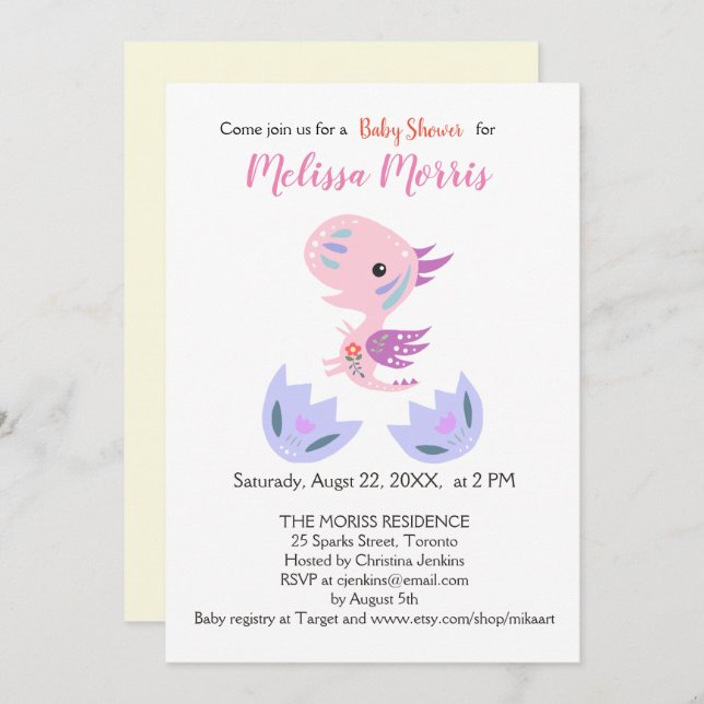 Invitation Fille Baby shower Cute Petit Dragon Bébé Hatching (Devant / Derrière)