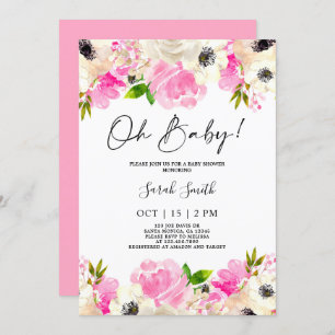 Invitation Fille Baby shower d'anémone à fleurs roses chaudes