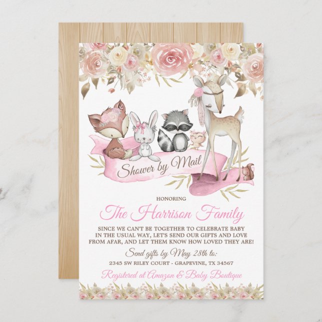 Invitation Fille Baby shower d'animaux de bois par courrier (Devant / Derrière)
