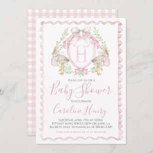 Invitation Fille Baby shower de cigogne Preppy En vichy rose