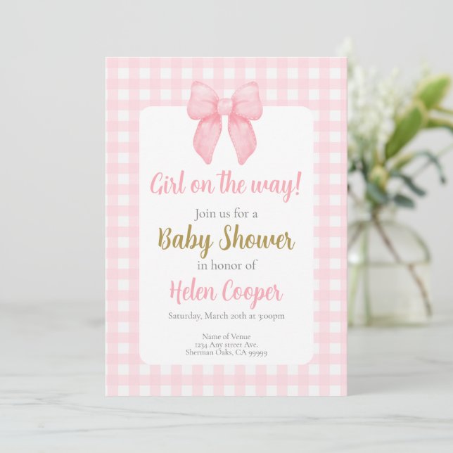 Invitation Fille Baby shower de la ceinture rose (Debout devant)